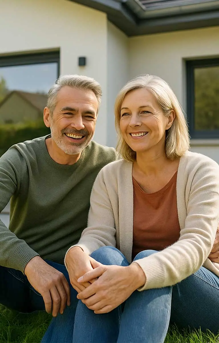 Glückliches Paar sitzt entspannt vor eigenem Haus im Garten