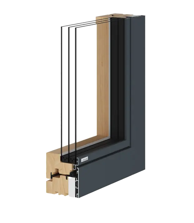 ALWOOD Holz-Alu Fenster im Schnitt – modernes Design mit Dreifachverglasung und Wärmedämmung