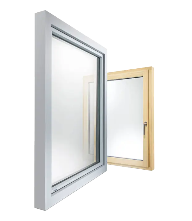 ACTUAL CUBIC C.line Holz-Alu Fenster: kubisch, außen flächenversetzt, innen klar, energieeffizient