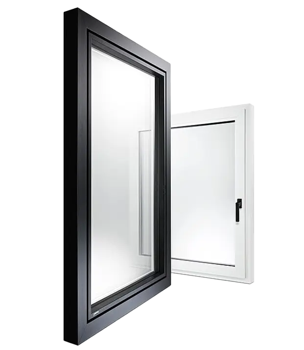 Geöffnetes ACTUAL MATRIX F.line Fenster in Schwarz und Weiß mit Klarglas